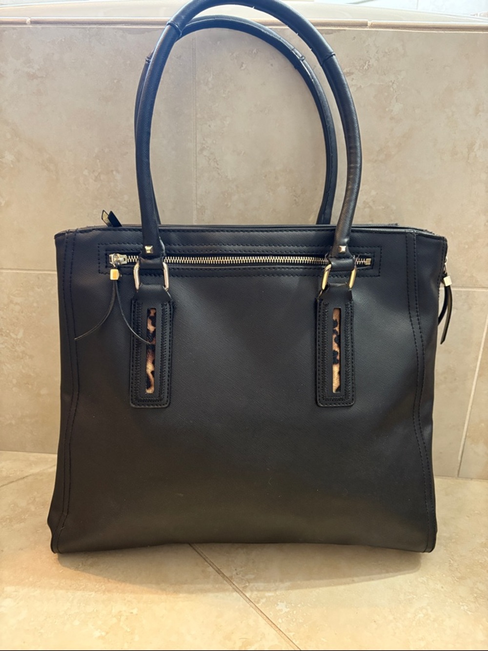 Stella & Dot Black Structured Tote with Leopard Trim and Gold Hardware
